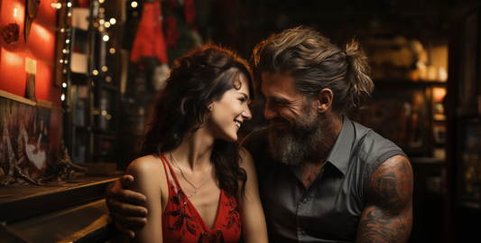 A couple giving each other personalised gifts
